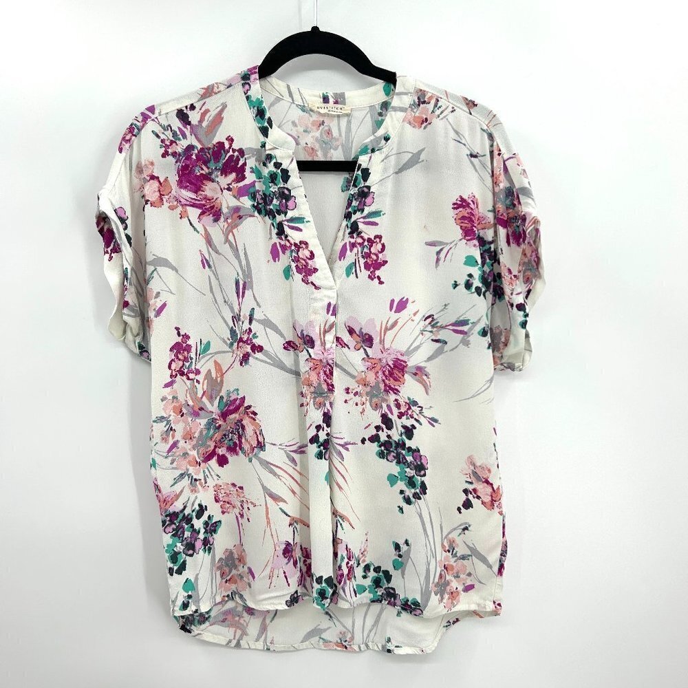 LOVESTITCH White Pink Floral Print 100% Rayon Lightweight Summer Blouse Small